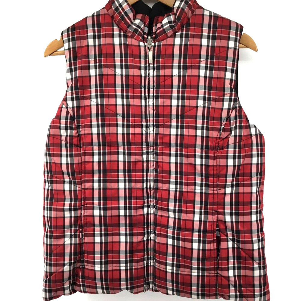 Karen Scott Sport Reversible Puffer Vest Women Small Red Buffalo Plaid Black Zip